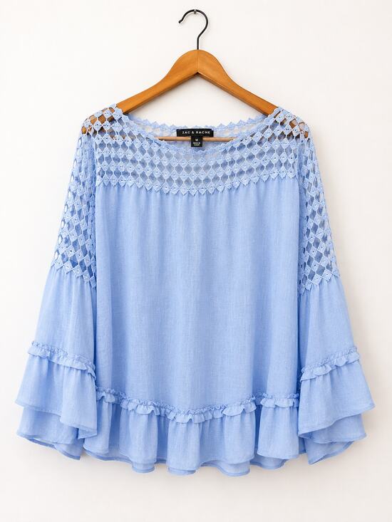 Zac & Rachel Tops - Zac & Rachel Blue Crochet Boho Blouse Size M Bell Sleeve Ruffle Top Cottagecore